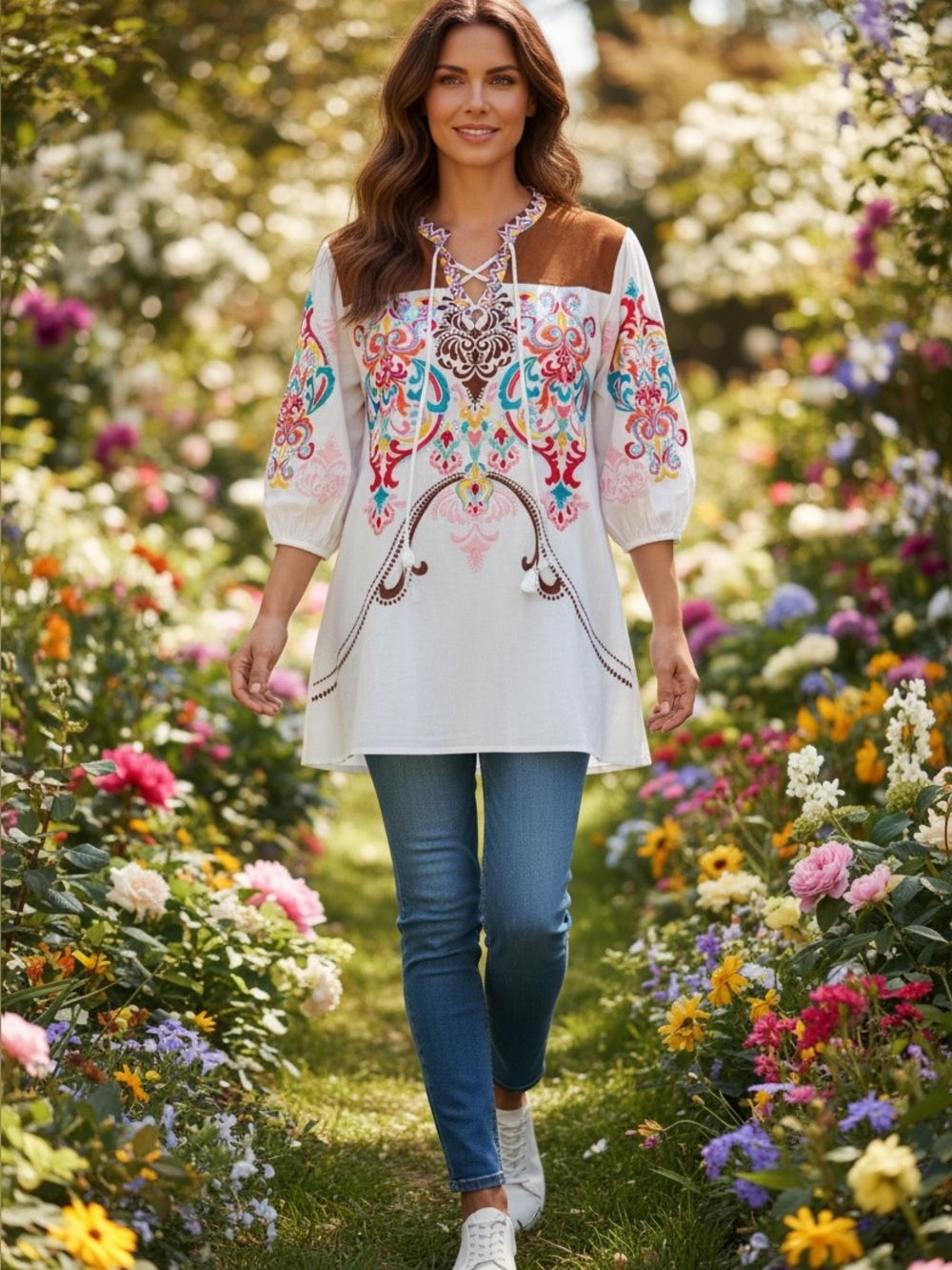 NWT Savanna Jane White Tunic Dress with Multicolor Embroidery Sz SM (oversized)